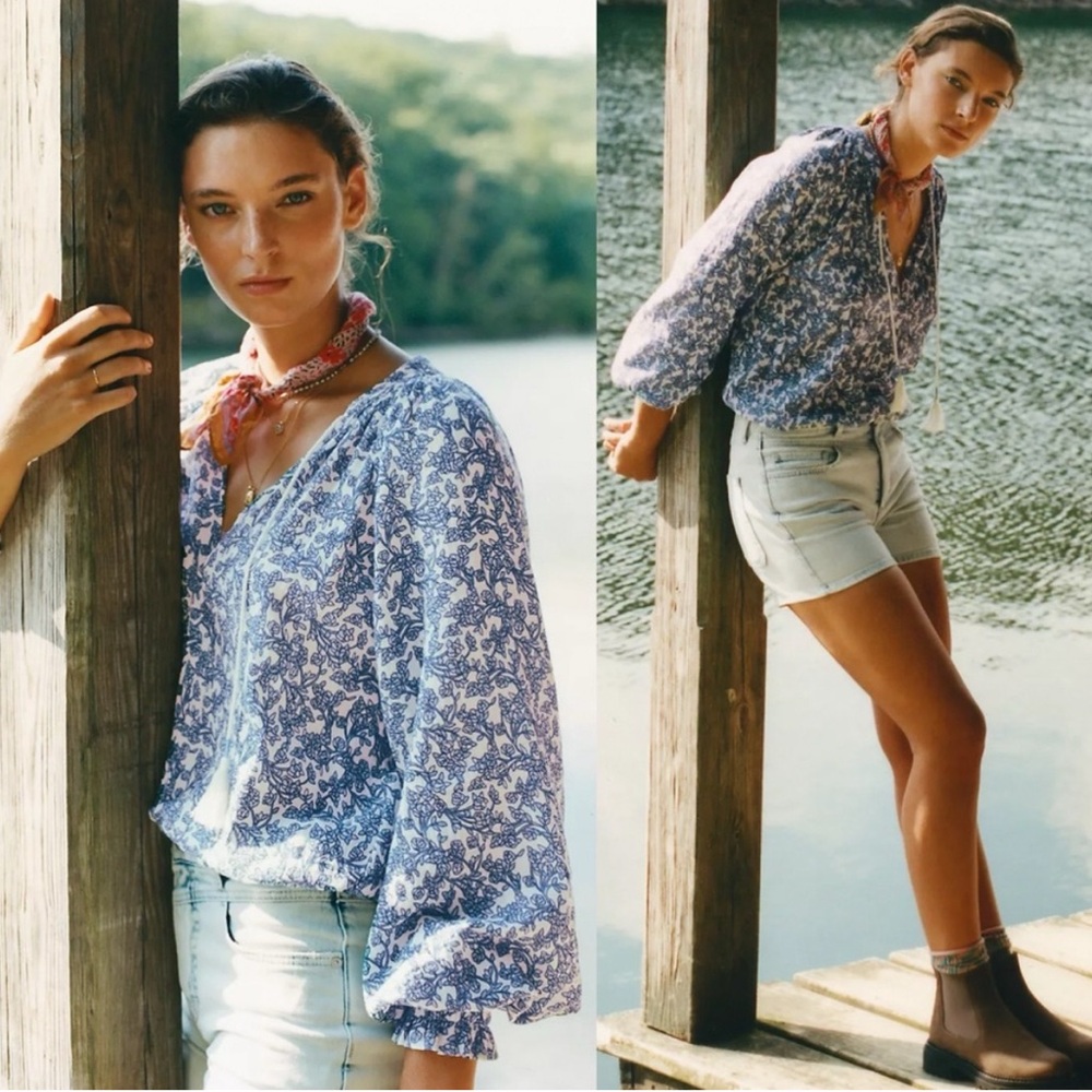 Anthropologie‎ Porridge Elisabeth Peasant Blouse in Blue Floral.